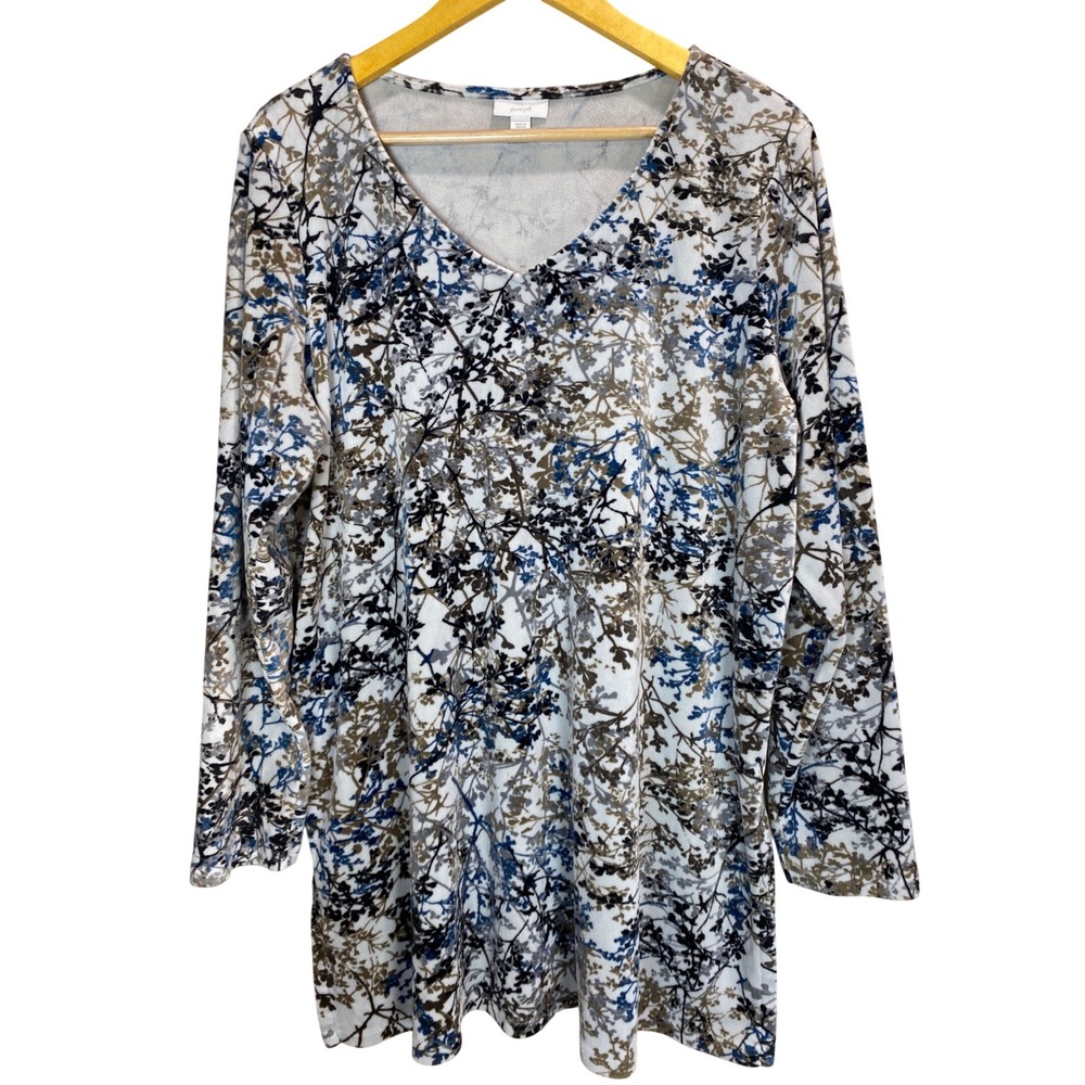 Pure Jill Women's L Floral Longline Blouse V-Neck Blue Gray Soft Stretch Comfort